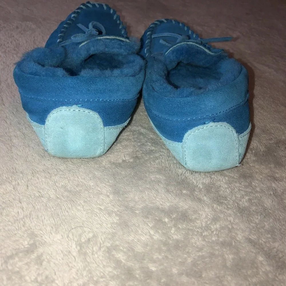 LL BEAN Kids Bright Blue Shearling Suede Slippers Indoor Lounge Shoe Sz 4